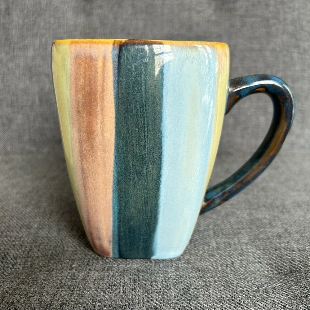 Colorful, Striped Coffee Mug with Square Bottom, Blue, Tan, Yellow, Pink, 16 oz